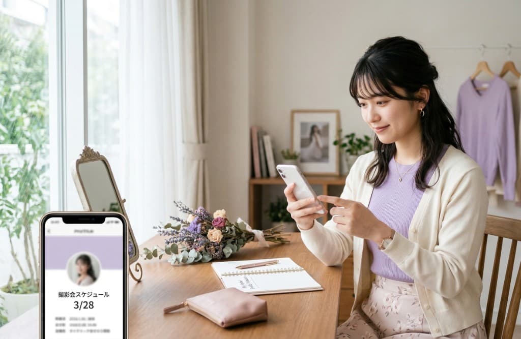 スマートフォンで撮影会スケジュールを確認する20代モデル
