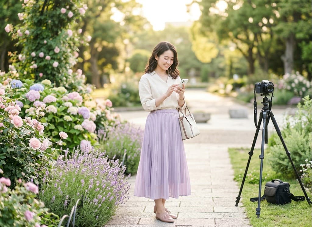 花のある公園でスマートフォンを見ながら撮影会準備をする20代モデル